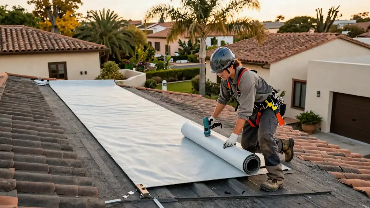 Underlayment Replacement in Delray Beach, Florida: tile roof repair technician unrolling and properly aligning new synthetic