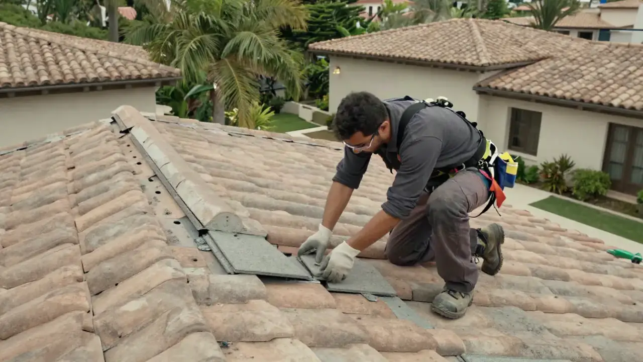 Tile Roof Repair in Delray Beach, Florida: Close-up of a tile roof repair technician's gloved hands meticulously mortaring a